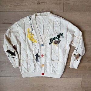 Ebossy Knitted Cardigan Cream White Patchwork Embroidery Size 2XL